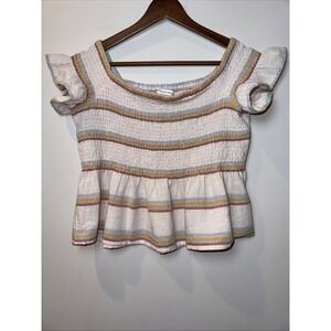 American Eagle Cropped Smocked‎ Top M Rainbow Peasant Linen Blend Ruffle NWOT